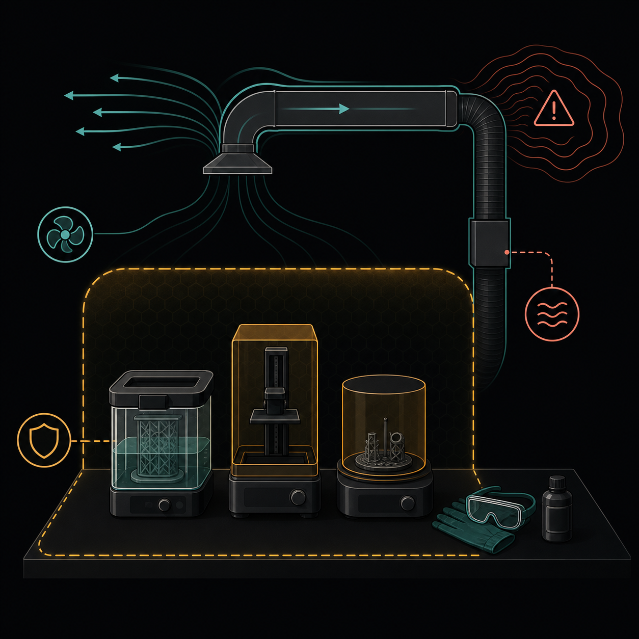 Resin workflow station with routed ventilation boundary